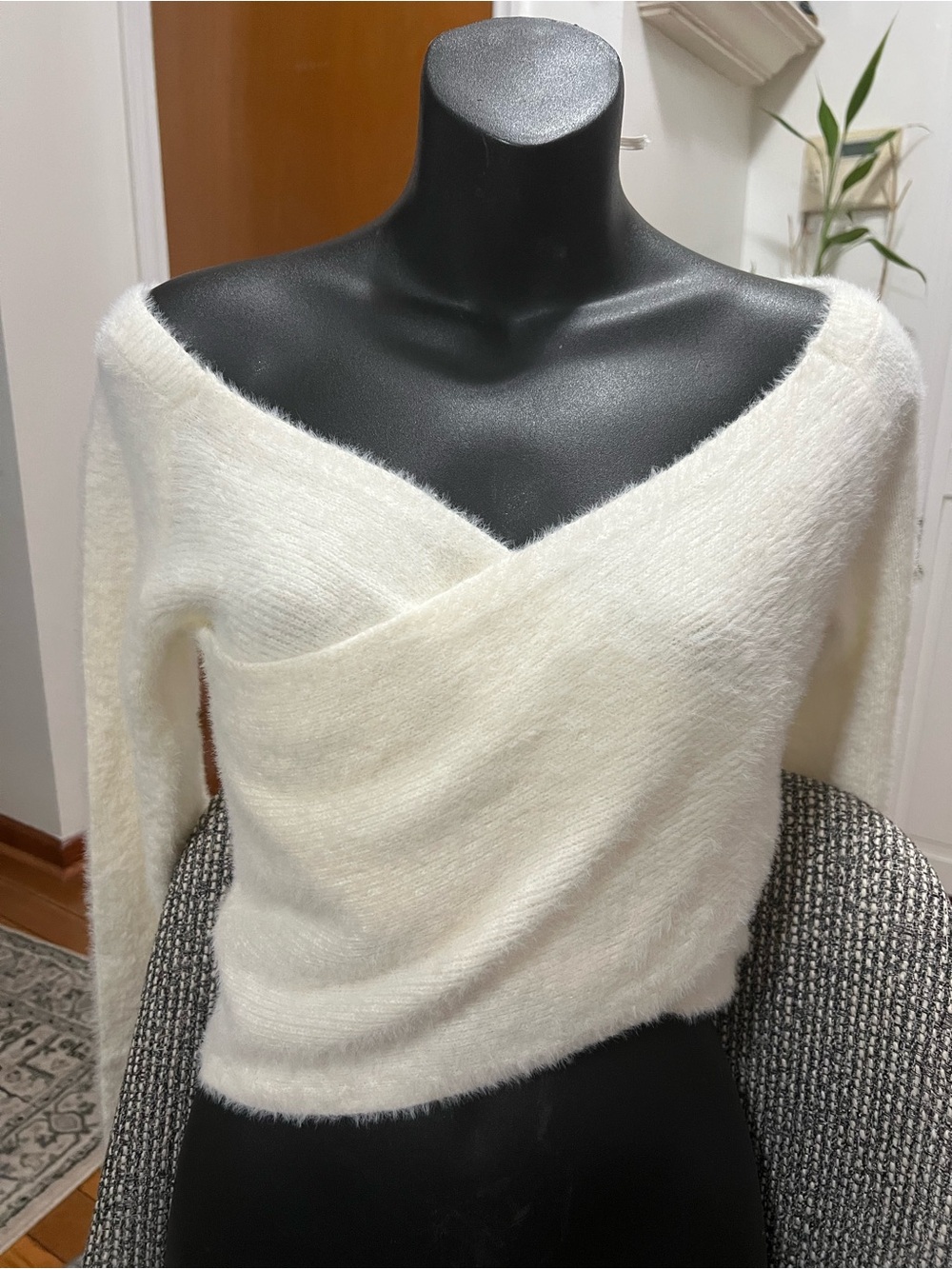 Hollister Cream Fuzzy Off-Shoulder Wrap Sweater